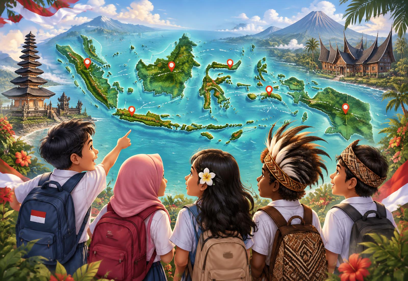 Lima siswa Indonesia memandang peta Nusantara